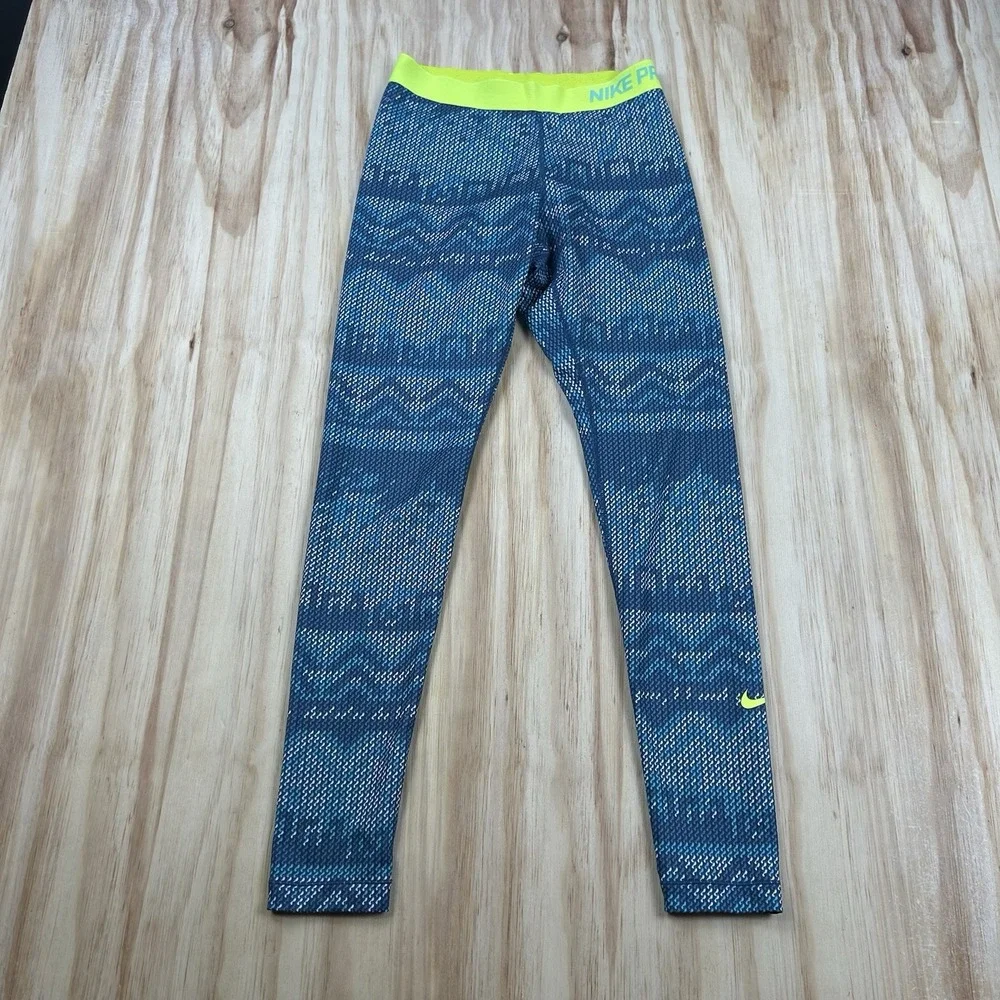 Nike Pro Women's Medium Blue Pattern Athletic Pants 744843-499 Dri-FIT Training